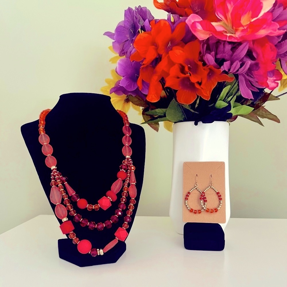 Elegant Multi-Strand Orange and Gold Necklace with Matching Earrings